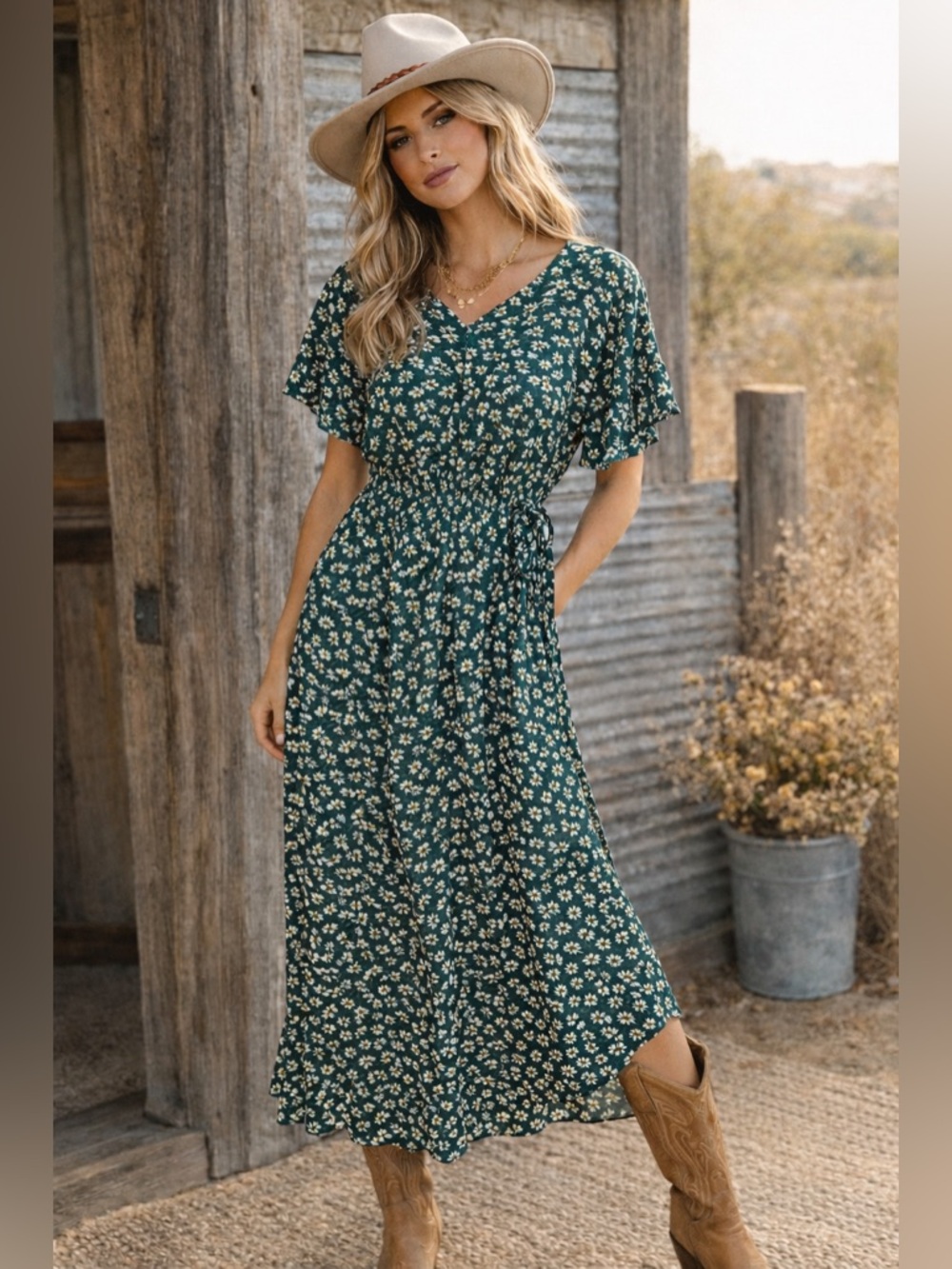 Mia Mi Green Floral Maxi Dress Daisy Print Boho Cottagecore Tie Waist Small